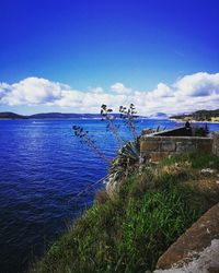 Scenic view of sea against blue sky