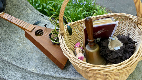 High angle view of guitar in basket