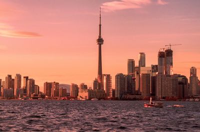 View of skyscrapers at sunset