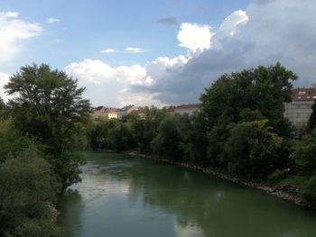 Scenic view of river by trees against sky