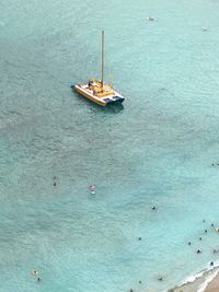 High angle view of sailboat in sea