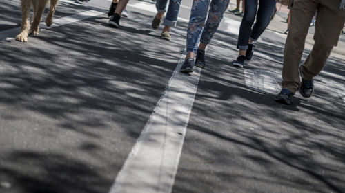 Low section of people walking on street in winter