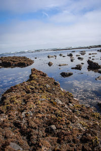 Rocks on beach against sky