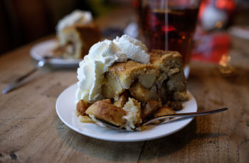 Close-up of dessert served on table