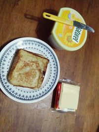 High angle view of breakfast served on table