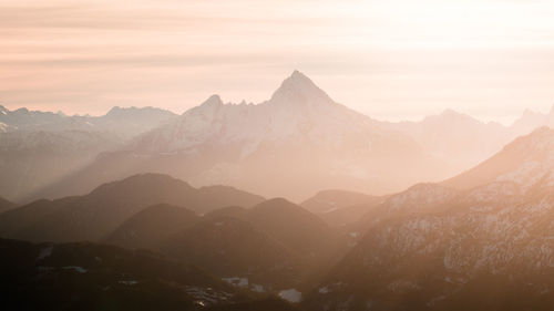 View of snowcapped mountains against sky during sunset