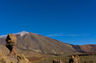 Scenic view of mountains against blue sky