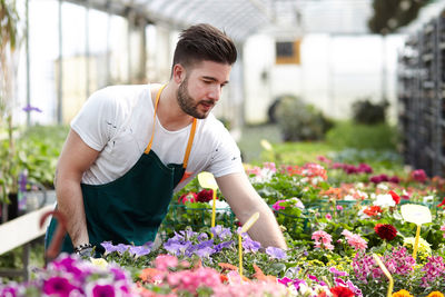 Young man working in flower pot