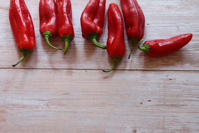 Close-up of red chili peppers on table