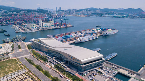 High angle view of boats moored at harbor