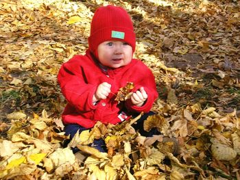 Full length of cute boy in autumn leaves