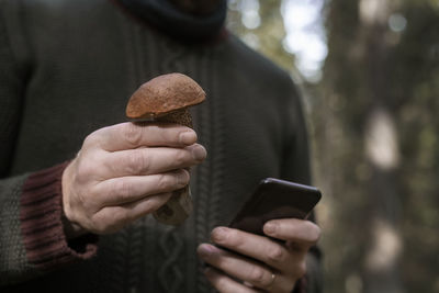 Hands holding mushroom and cell phone