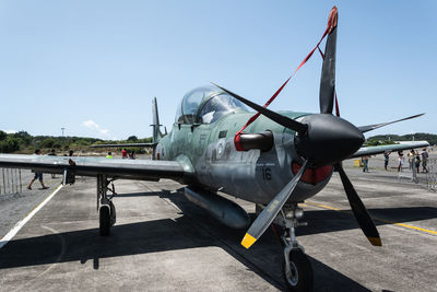 Embraer a-29b super tucano aircraft from the brazilian air force is seen at the open gates 