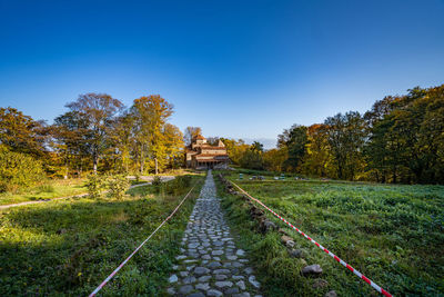 Dirt road amidst trees against clear blue sky, old shuamta, kakheti