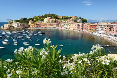 Scenic view of sea by townscape against sky