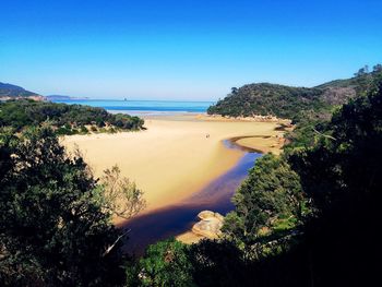 Scenic view of beach against clear blue sky