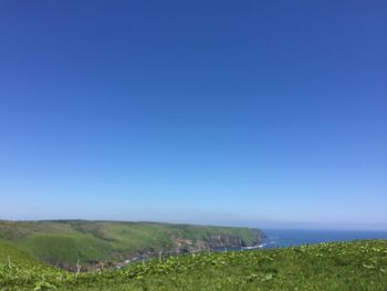 Scenic view of field against clear blue sky