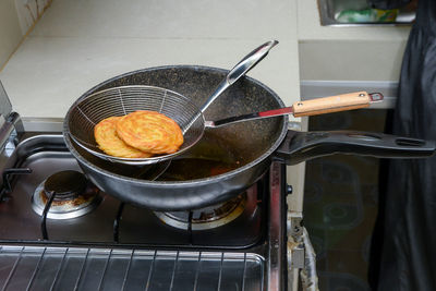 High angle view of food on stove