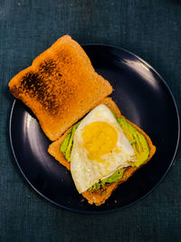 Healthy breakfast toasted bred with avocado and fríed egg