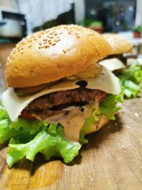 Close-up of burger in plate on table