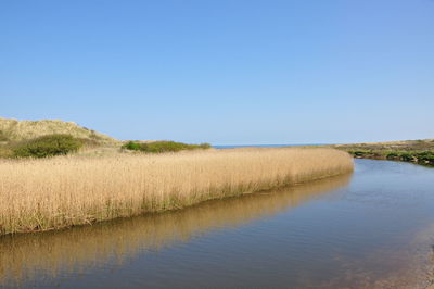 View of calm canal against clear blue sky