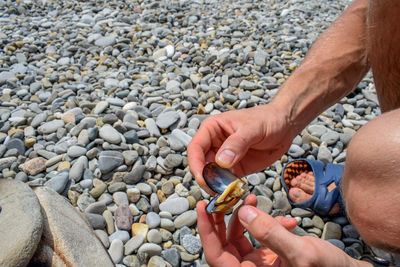 Low section of man holding pebbles on beach