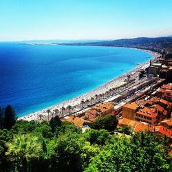 Scenic view of sea with cityscape in background