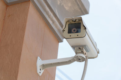 Low angle view of camera on wood