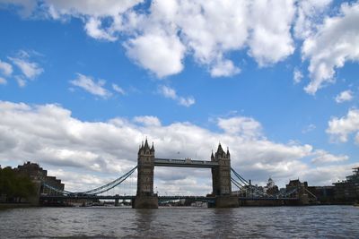 Low angle view of suspension bridge over river