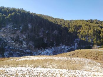 Scenic view of waterfall against sky during winter