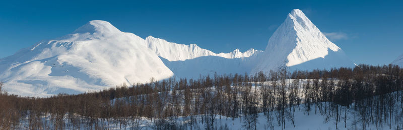 Panoramic view of snowcapped mountains against sky