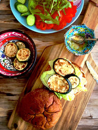 High angle view of food served on table