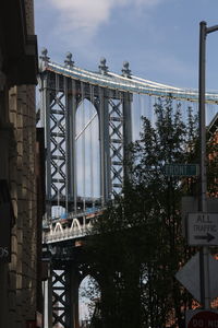 Low angle view of bridge against buildings in city