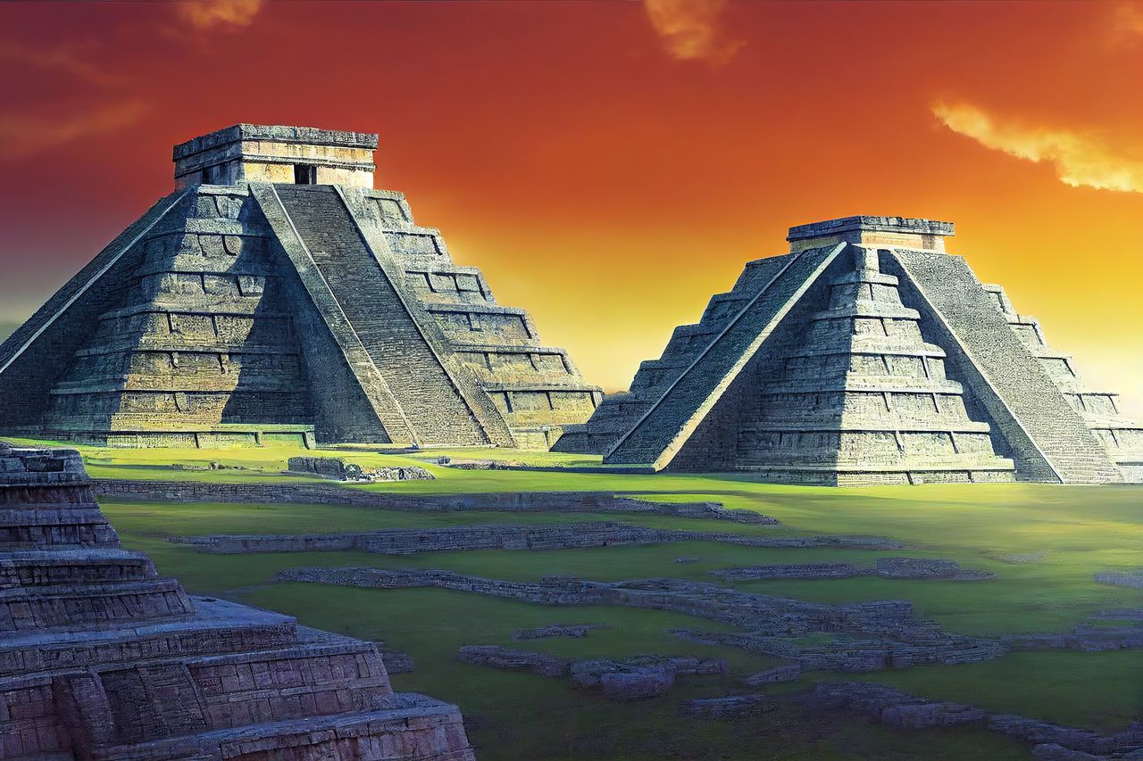 Ancient pyramids among green grass under an orange sky at sunset in the evening sun 3d illustration Maya Mexico Mayan Aztec Background Jungle Forest City Temple Landscape Summer Travel Illustration Building Green Field Stone Day Skyline Medieval Pyramid Civilization Inca Archaeological Yúcatan Lima Ancient Monument Ruins Landmark Town Kukulkan Ruin Ziggurat Chichen Mexican Scenic Guatemala Nobody Itza