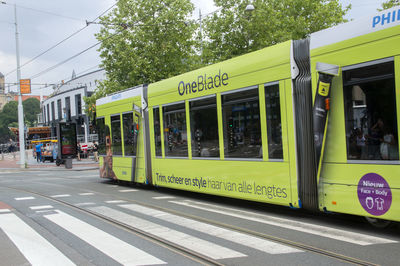 Train at railroad station in city