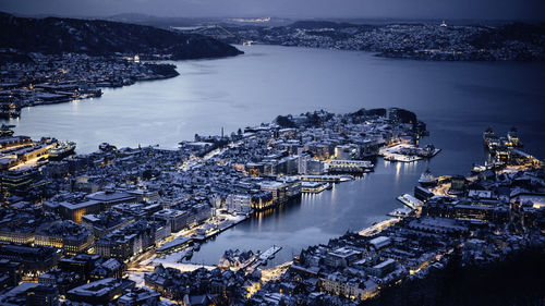 High angle shot city coastline at dusk