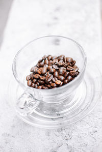 High angle view of coffee beans in glass