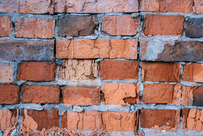 The texture of old brick wall in close-up.