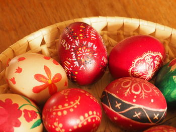 Close-up of wrapped easter eggs in basket