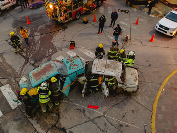 High angle view of people on road