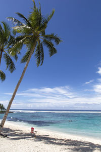 Red beach chair, under coconut palm tree at white sandy beach, samoa