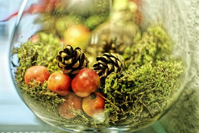 Close-up of fruits in glass bowl on table