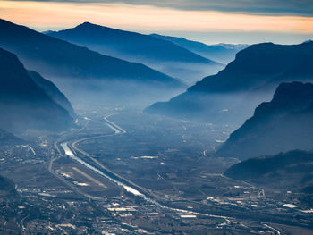 High angle view of mountains against sky