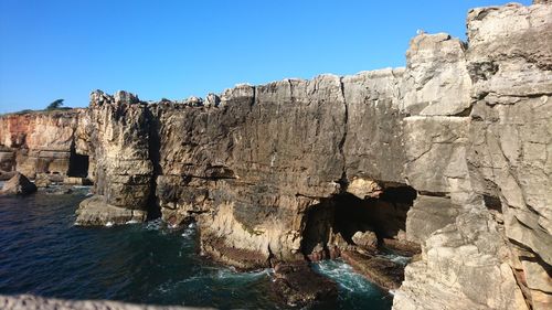 View of an animal on rock formation against clear sky