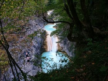 High angle view of waterfall in forest