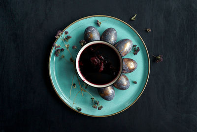 High angle view of tea served on table