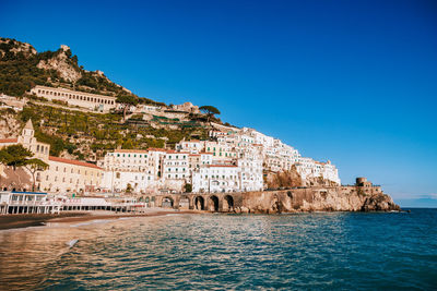 Scenic view of sea against clear blue sky