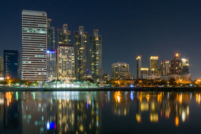 Reflection of illuminated buildings in city at night