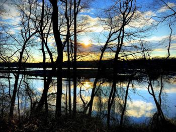 Silhouette trees by lake against sky during sunset