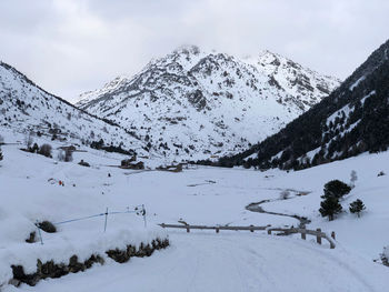 Scenic view of snow covered mountains against sky